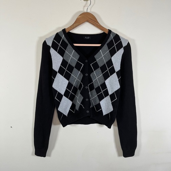 Brandy Melville Sweaters - Brandy Melville John Galt Argyle Cropped V-Neck Knit Cardigan Sweater Cotton